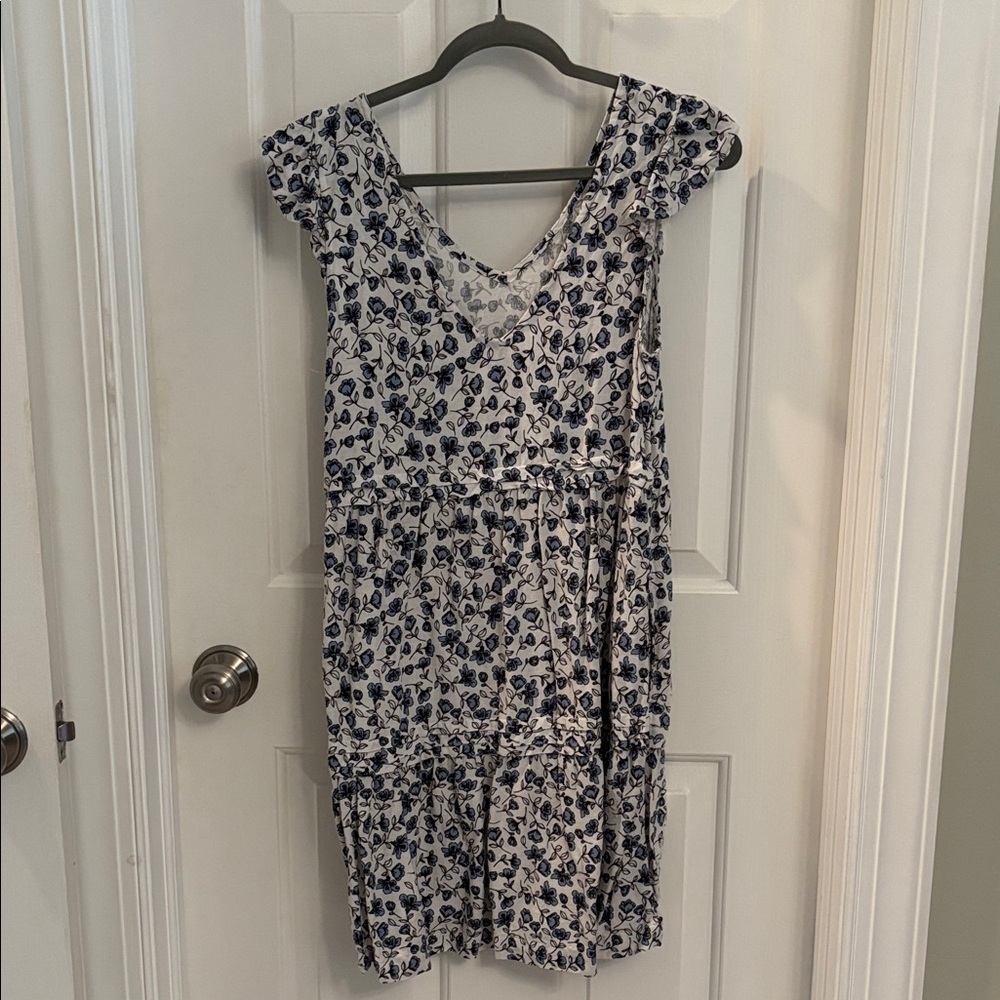Sleeveless White Dress with Blue Floral Print
